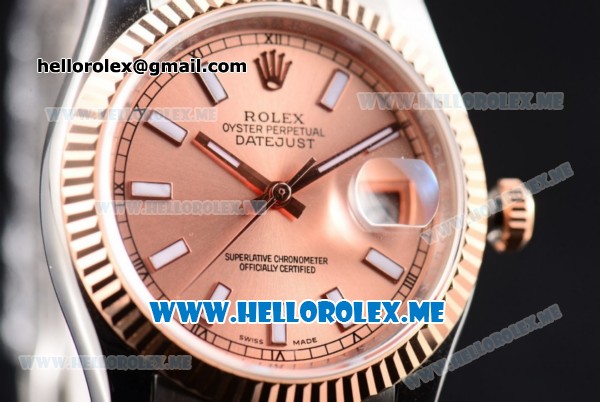 Rolex Datejust Clone Rolex 3135 Automatic Two Tone Case/Bracelet with Rose Gold Dial and Stick Markers (BP) - Click Image to Close